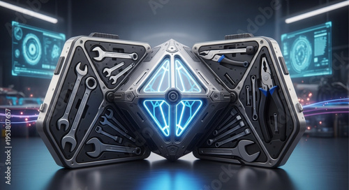Futuristic Tool Box with Blue Energy Core and Tools.