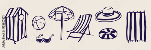 Beach chair and umbrella doodle set, hand drawn summer vacation travel icons, tropical holiday sketches collection, seaside leisure elements for design, minimalist summer holiday vector graphics, beac