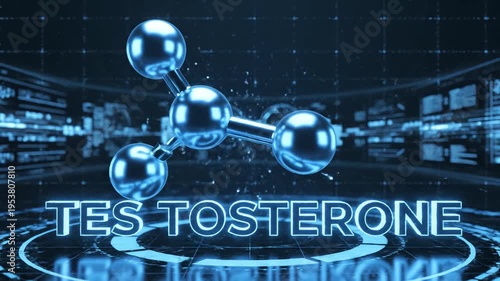 Digital visualization of a testosterone molecule in a futuristic scientific environment, representing hormone research and medical advancements