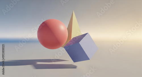 Geometric Harmony - A Sphere, Cone, and Cube in Balanced Composition.