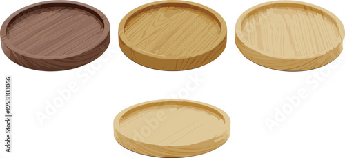 Set of round wooden trays in different colors isolated on white background natural kitchen serving plates vector illustration collection