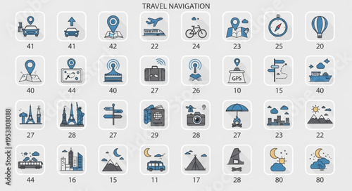 Travel and Vacation Icon Set - Diverse Tourism and Adventure Symbols.
