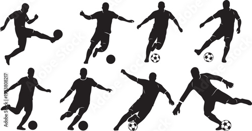 Dynamic silhouettes of soccer players in various action poses, kicking and dribbling balls on a white background, representing teamwork and competition.
