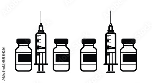 Simple black outline vector graphic illustrating medical syringes and vaccine vials for healthcare