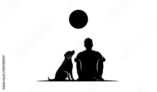 Man and Happy Dog Looking at Moon Silhouette Vector Illustration