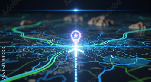 Futuristic Navigation System with Glowing Location Marker and Roads.