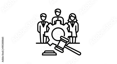 Business people with gear and gavel.