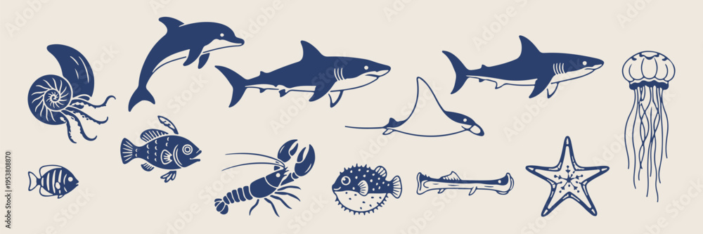 Obraz premium Sea predators shark and ray set, hand drawn marine life sketches, ocean animal icon collection for design, minimalist aquatic wildlife vector graphics, shark and stingray line art illustrations, deep