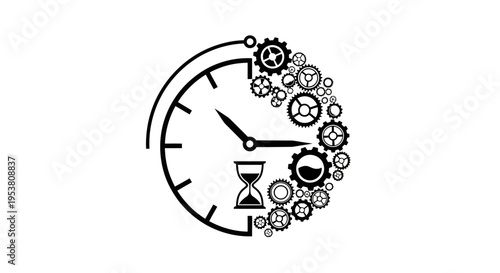 Clock with gears and hourglass.