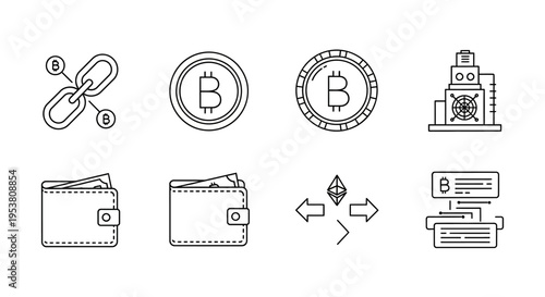 Cryptocurrency and blockchain technology icons.
