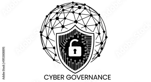 Cyber security shield with lock symbol.