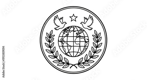 Emblem with globe and laurel wreath.
