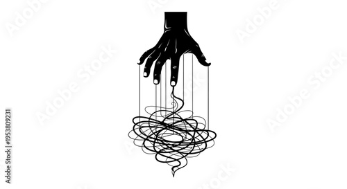 Hand controlling tangled strings puppet.