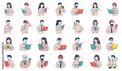 Diverse people using technology devices and gadgets set | Business characters with laptops and phones flat vector illustrations | Modern digital lifestyle