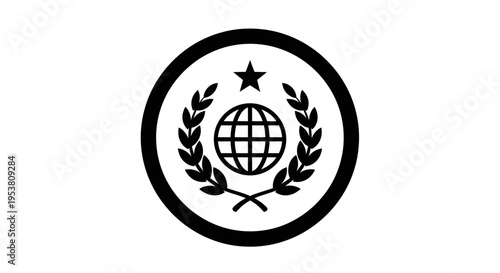 Globe logo with laurel wreath.