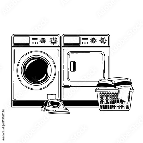 Laundry Room Scene: Washing Machine, Dryer, Iron, and Laundry Basket with Clothes