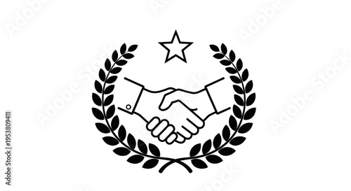 Handshake with laurel wreath emblem.