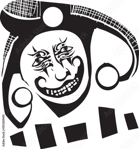 Woodcut style expressionistic image of a Scary smiling Clown