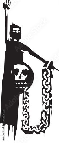 Woodcut style pregnant woman chained to a skull in her belly