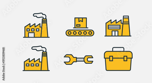 Industrial icons with factory and tools.