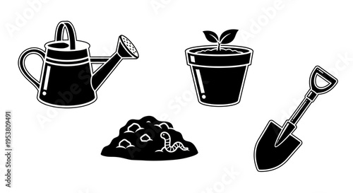 Gardening Tools, Potted Plant, and Soil with Worms: Spring Planting Concept