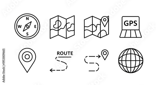 Navigation icons for travel and directions.