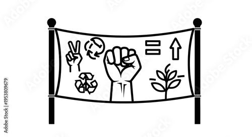 Peaceful protest banner with raised fist.