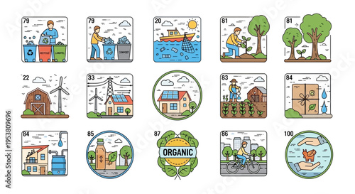 Organic farm icons and labels set.