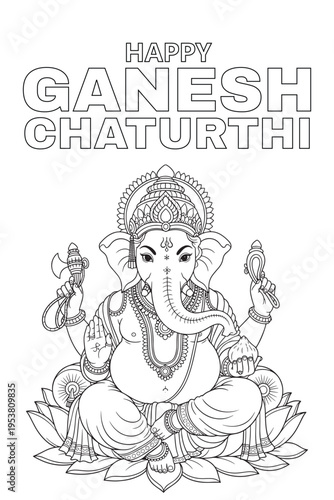 Happy Ganesh Chaturthi Coloring Page Lord Ganesha Outline on Lotus for Kids Printable Vector