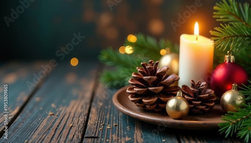 Elegant pine cones, candlelight, & baubles on dark wood Festive, sustainable Christmas decor , dark wood, candle, christmas ornaments