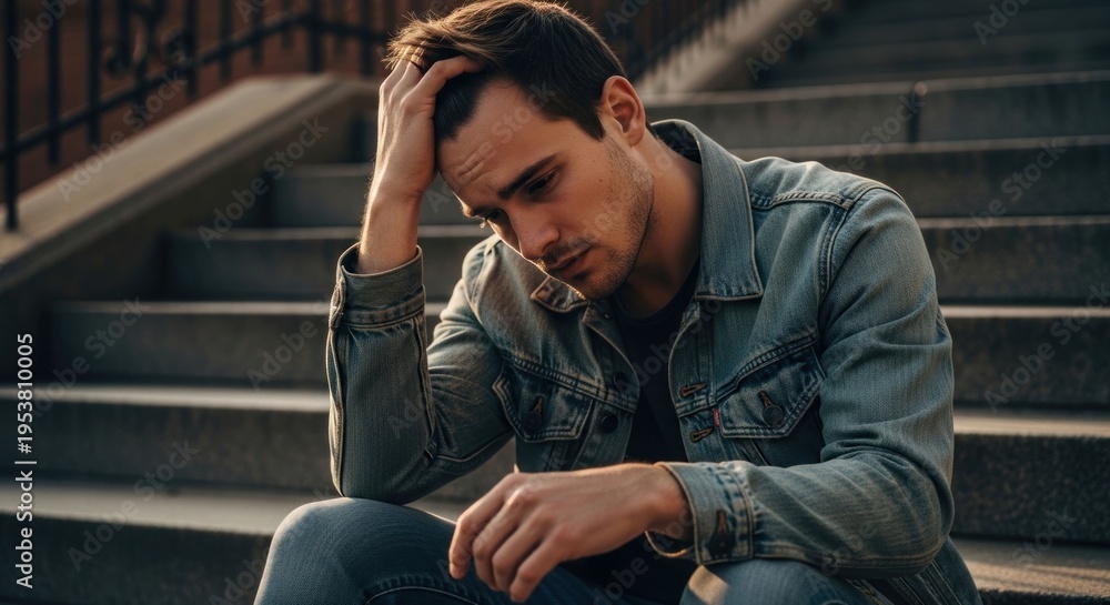 Obraz premium A man sits on stairs, hand on head, looking downcast and troubled