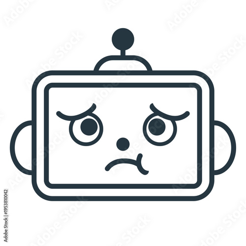 AI bot with sad eyes and downcast mouth, regretful facial expression