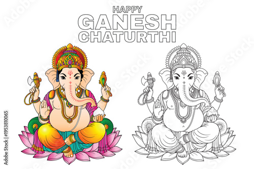 Happy Ganesh Chaturthi Ganesha Color and Outline Set Printable Coloring and Colored Vector Illustration