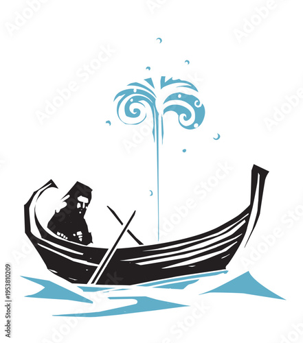 Woodcut Style man in a leaking Boat