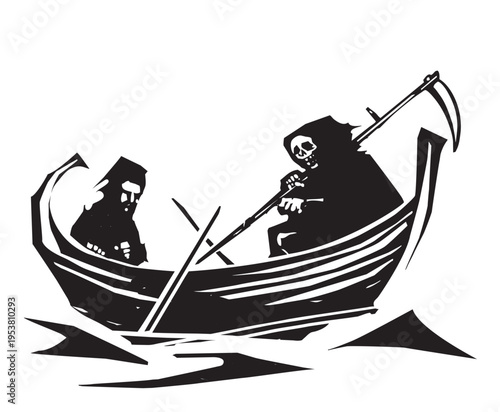 Woodcut expressionist style of death the ferryman  on the river styx