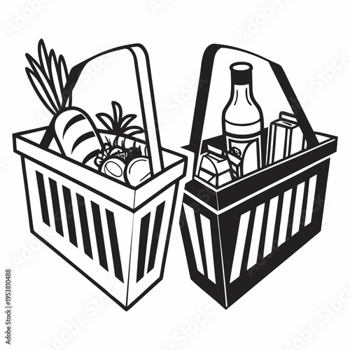 Two black and white shopping baskets filled with groceries such as vegetables and bottles on a white background