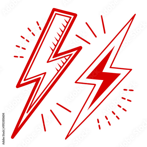 Red lightning bolt icons set with comic book style decorative elements including power flash energy spark and electric discharge design on white