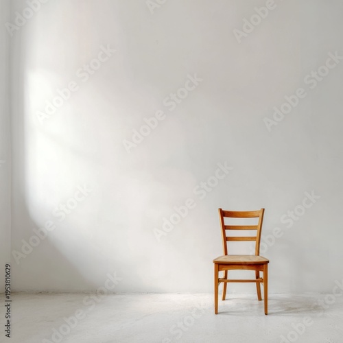 Minimalist Wood Chair in Empty White Room with Soft Light and Shadow