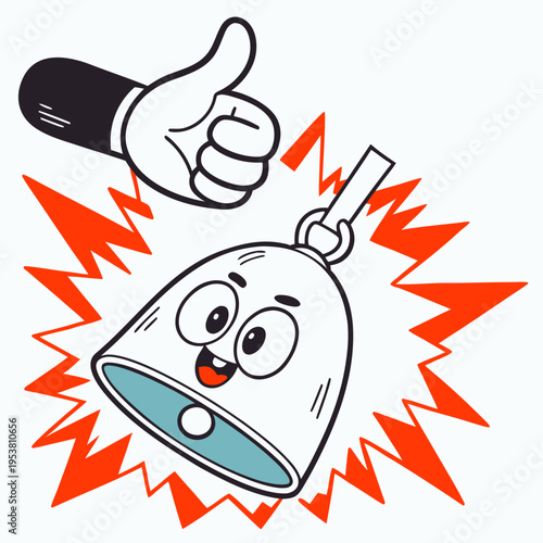 Happy cartoon bell with thumbs up gesture, ringing bell, good news, alert, notification, success, achievement, positive feedback, celebration, cartoon style, vector illustration