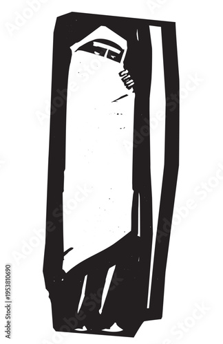 Woodcut style image of a homeless man