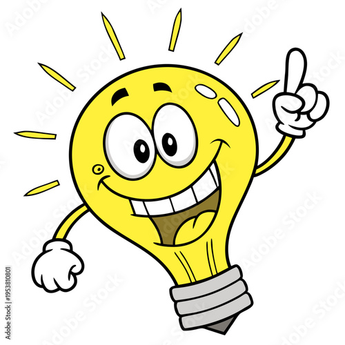 Happy yellow light bulb character pointing finger up with big smile and bright rays representing new idea and creativity vector cartoon illustration