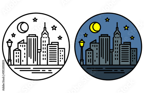 City Night Circle Sticker Vector