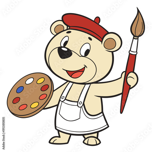 Adorable teddy bear artist mascot character wearing a beret and overalls holding a paint palette and paintbrush ready to create art