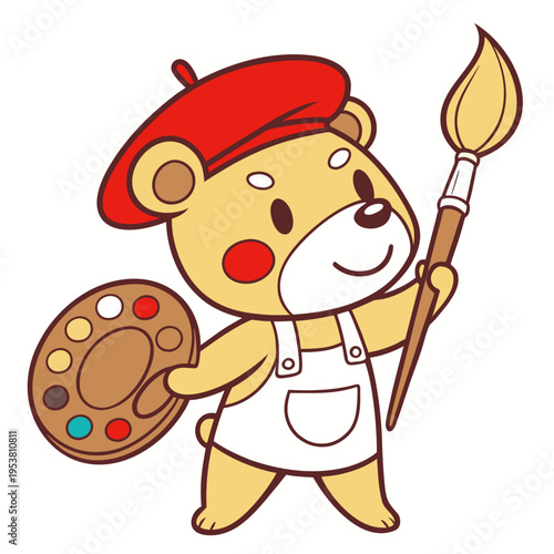 Cute cartoon bear artist wearing red beret and apron holding palette with paints and paintbrush ready to create masterpiece