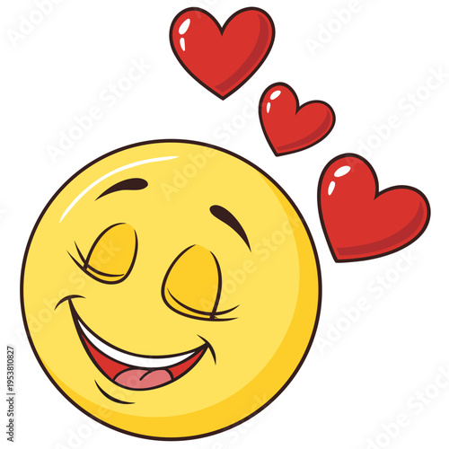 Yellow happy face emoji with closed eyes and big smile surrounded by three red hearts symbolizing love and adoration