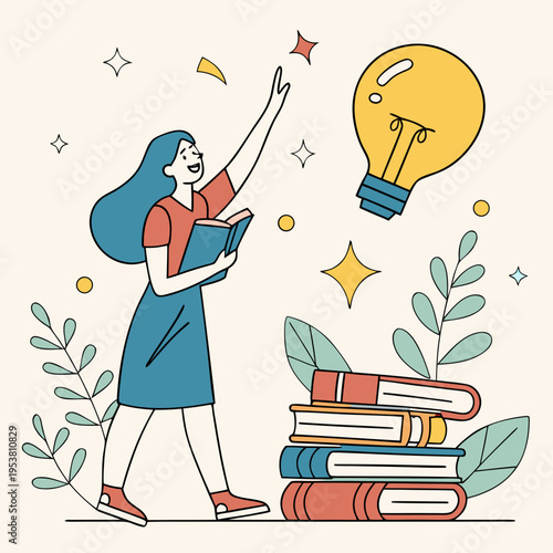 Woman with blue hair holding book reaching for bright light bulb above stack of books symbolizing education inspiration and gaining knowledge