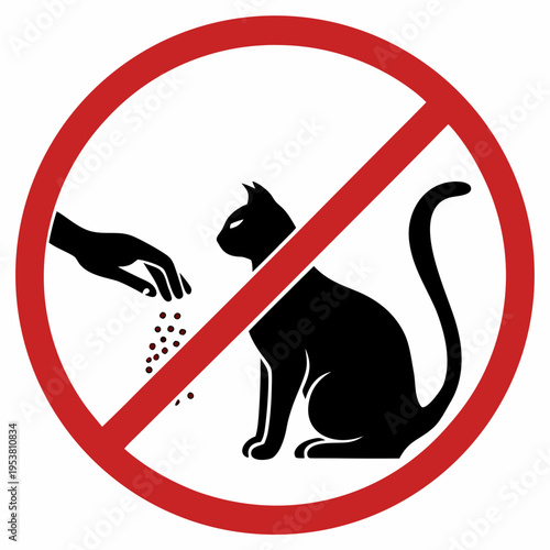 No feeding cats icon showing human hand scattering kibble for black cat silhouette within red strikeout circle isolated on white background image