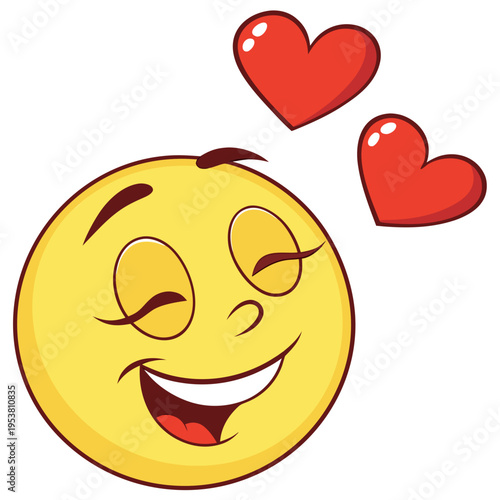 Yellow smiley face emoji with eyes closed and wide smile showing joy and happiness with two red hearts floating above