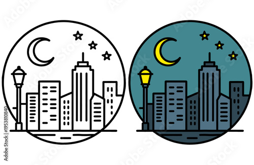 City Night Circle Sticker Vector