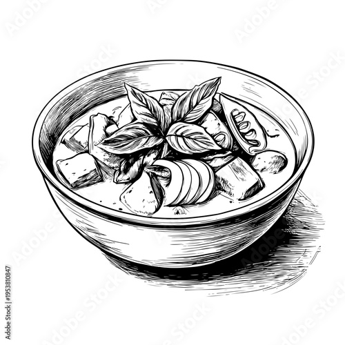 Adobe Stock illustration of a hand-drawn Thailand food, specifically green curry, adorned with fresh basil leaves and other fresh ingredients